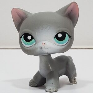 Authentic Littlest Pet Shop #126  Shorthair Cat LPS Gray Teal Eyes Damaged